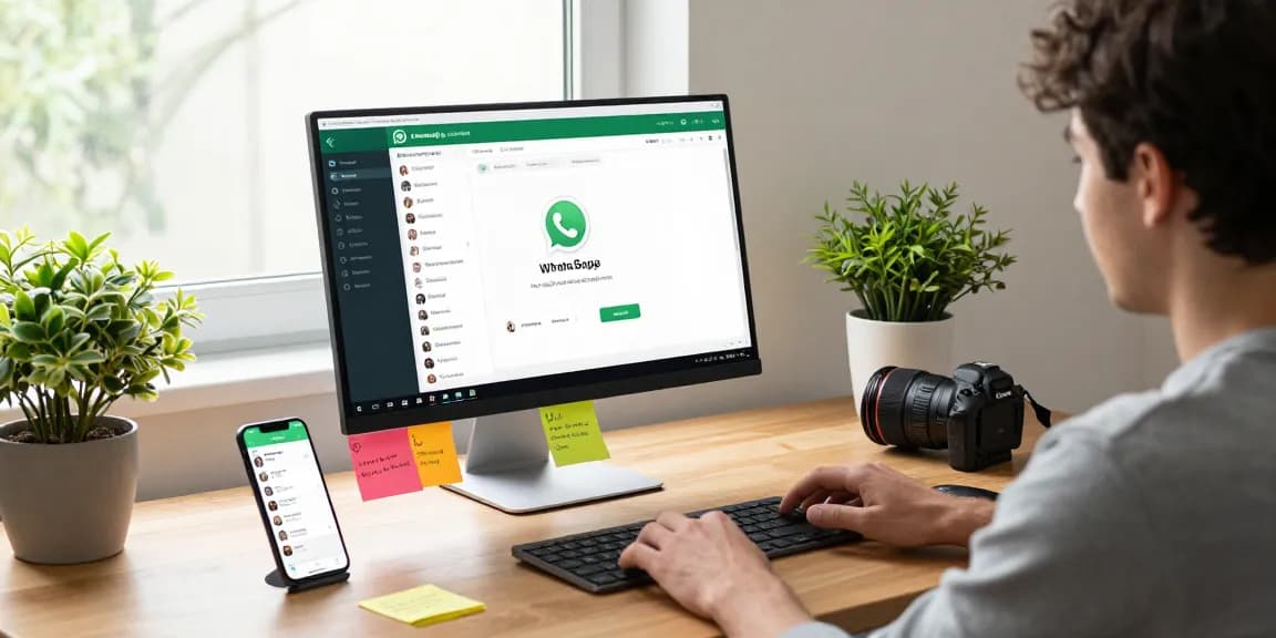 Using WhatsApp网页版 in a modern home office setup with a desktop display.