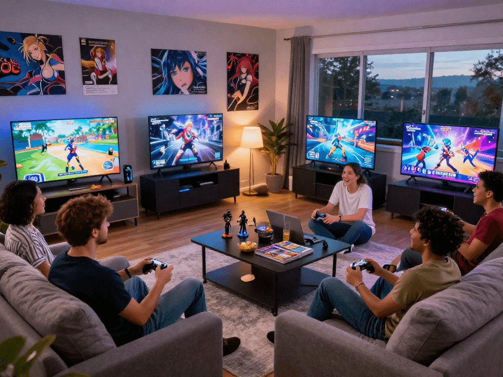 Engaged group playing hentai games in a cozy living room atmosphere with snacks and drinks.