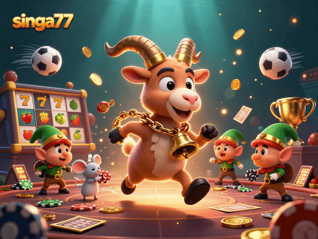 Singa77 captivates players with a festive casino scene featuring a Krampus goat amid poker chips and slot reels.