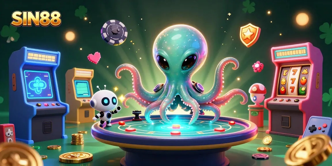 SIN88 showcases an alien octopus and robot at a vibrant holographic poker table.