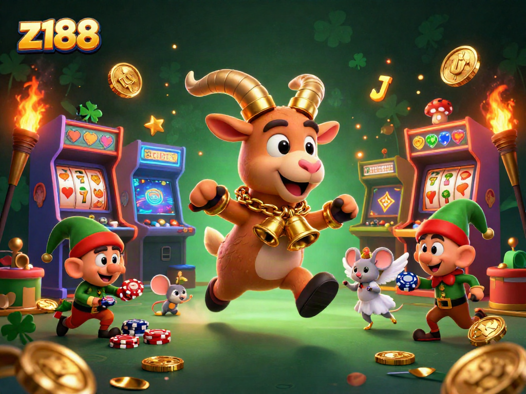 Experience the festive chaos of z188 with a Krampus goat running a spooky casino alongside playful gremlins.