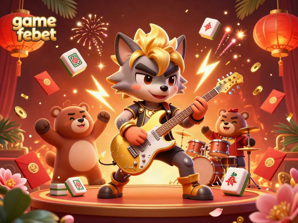 Engage in thrilling game febet action with 3D characters on a vibrant casino stage, surrounded by celebratory elements.