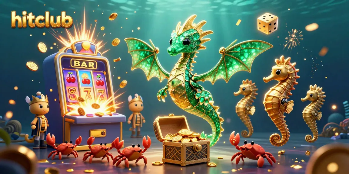 Hitclub offers a vibrant scene of excitement with a dragon, slot machine, and treasures in an underwater casino.