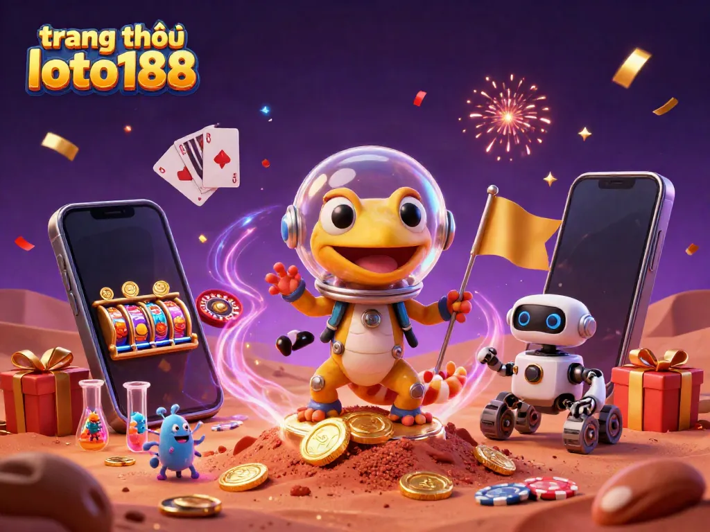 Play thrilling games at trang chủ loto188 with a Martian gecko celebrating a jackpot discovery.