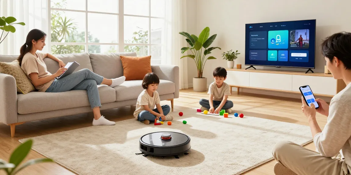 The best robot vacuum 2026 in action, gliding across a modern living room while a family enjoys their time together.