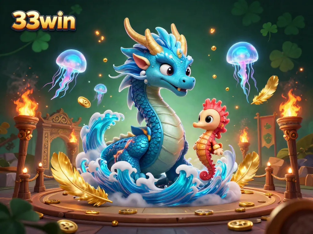 Experience excitement with 33win in a vibrant casino scene featuring dragons and jellyfish.