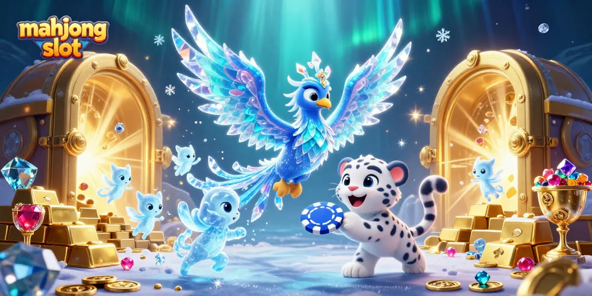 Engage with the mahjong slot experience featuring an ice phoenix, snow leopard cub, and dazzling treasure in a vibrant casino scene.