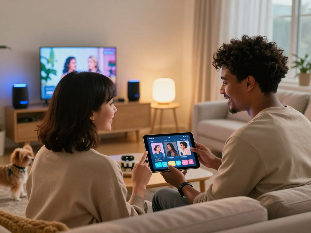 Young couple using sex AI applications on a tablet in a cozy modern living room.