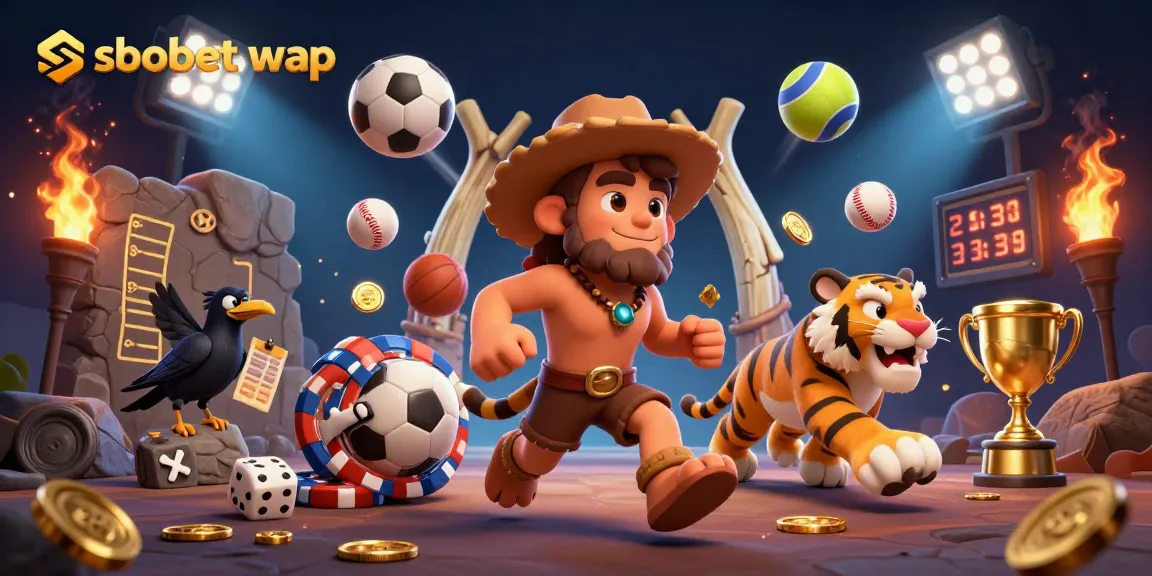 Experience dynamic sbobet wap gaming action with a prehistoric casino featuring a caveman and sabertooth tiger.