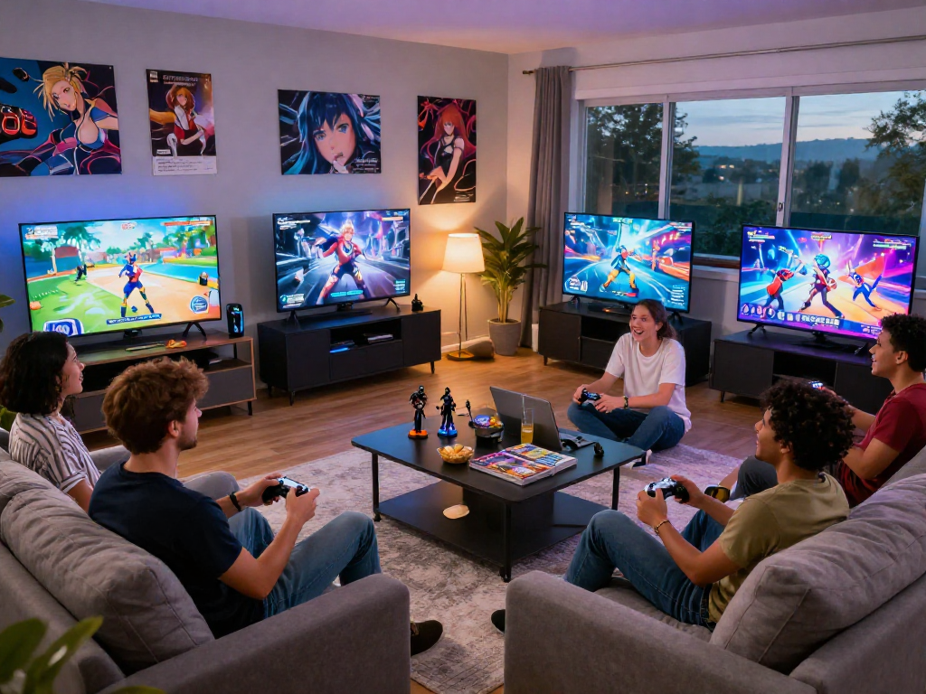 Engaged group playing hentai games in a cozy living room atmosphere with snacks and drinks.