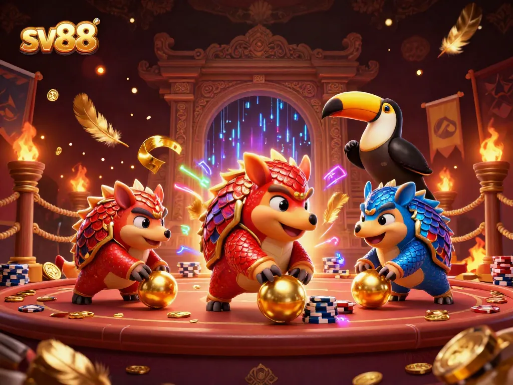 Experience thrilling gaming action at sv88 with dynamic pangolins, poker chips, and a vibrant atmosphere.
