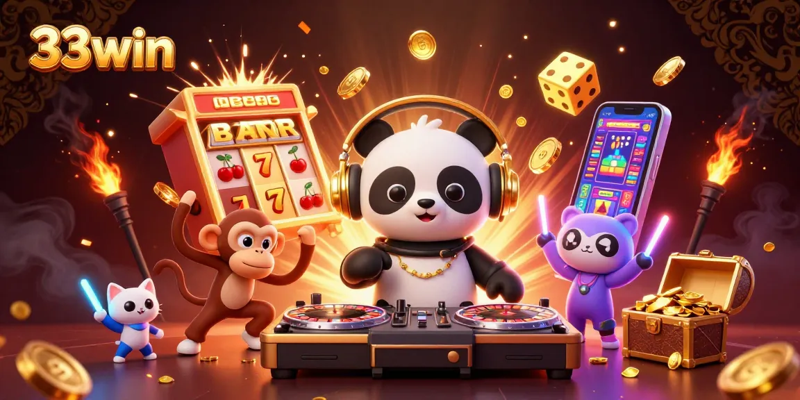 33win players enjoy vibrant casino action with DJs, jackpots, and dancing characters.