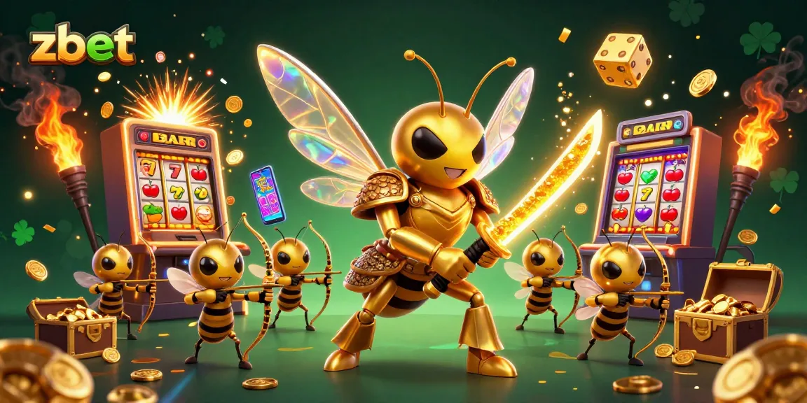 Zbet's thrilling casino scene features a golden hornet in armor, showcasing dynamic slot machine action.