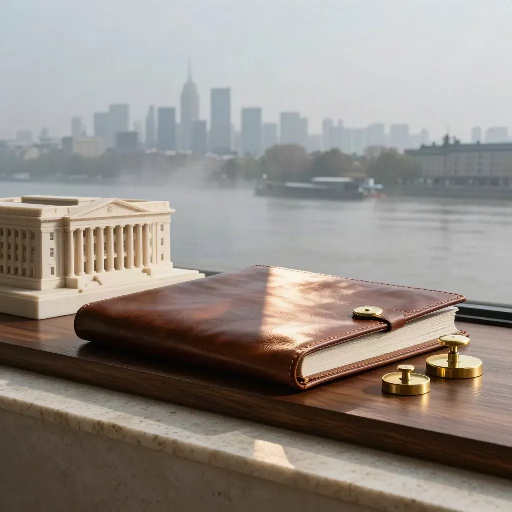 Finance library with leather folio, brass weights, stone maquette and misty Thames skyline at dawn.