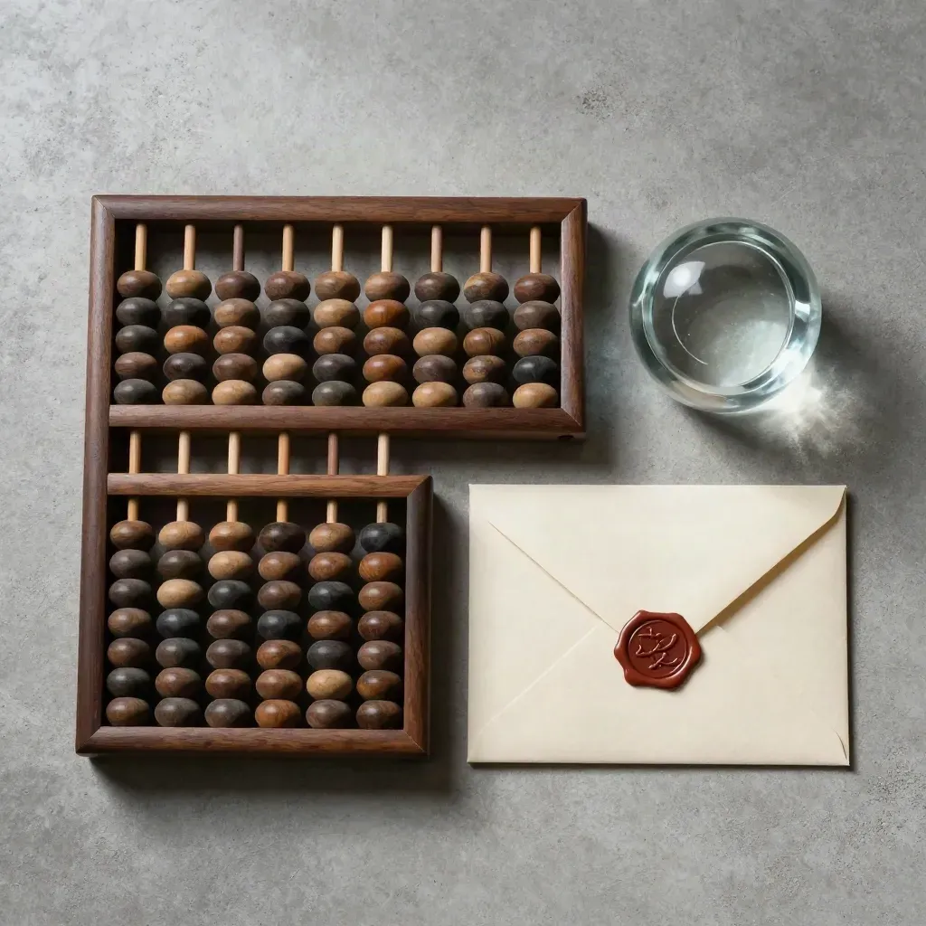 Top-down finance still life with abacus, stone paperweight and sealed envelope on pale concrete.