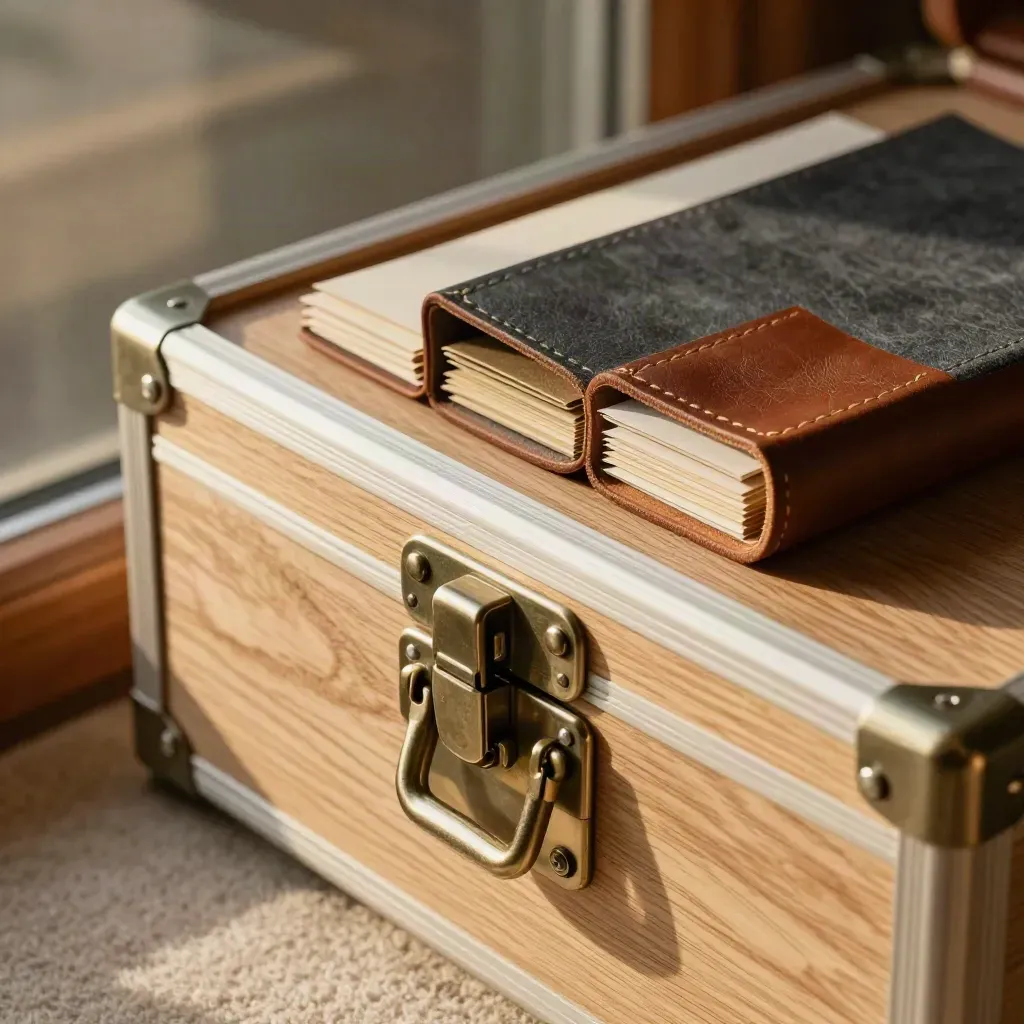 Closed presentation case with sealed tabs and metal latch on pale oak in warm late-afternoon light.