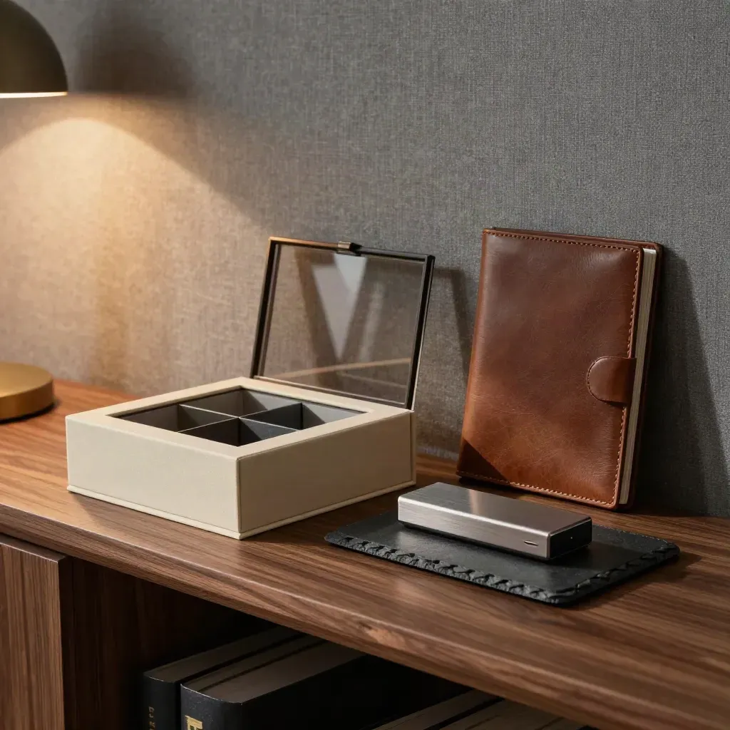 A cozy finance advisory shelf with a closed vellum box, sealed sample case, and leather folio in warm light.