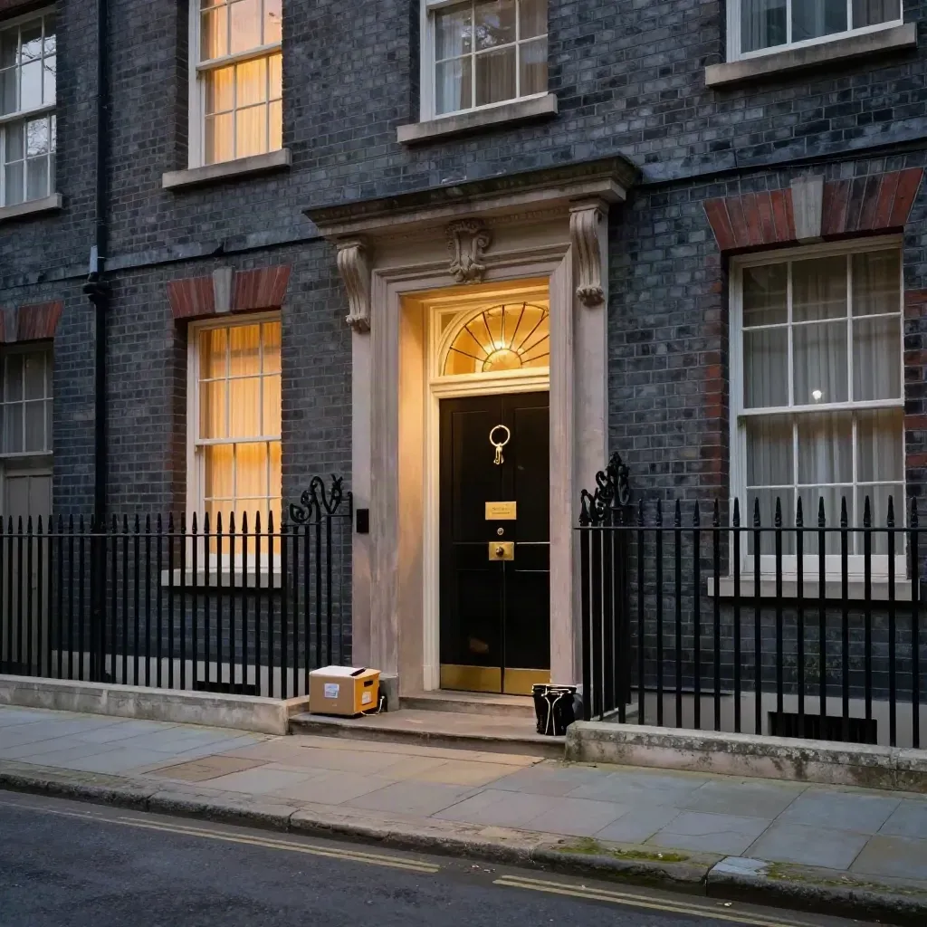 Lit brick office house entrance with keys and sealed box on the step at dusk