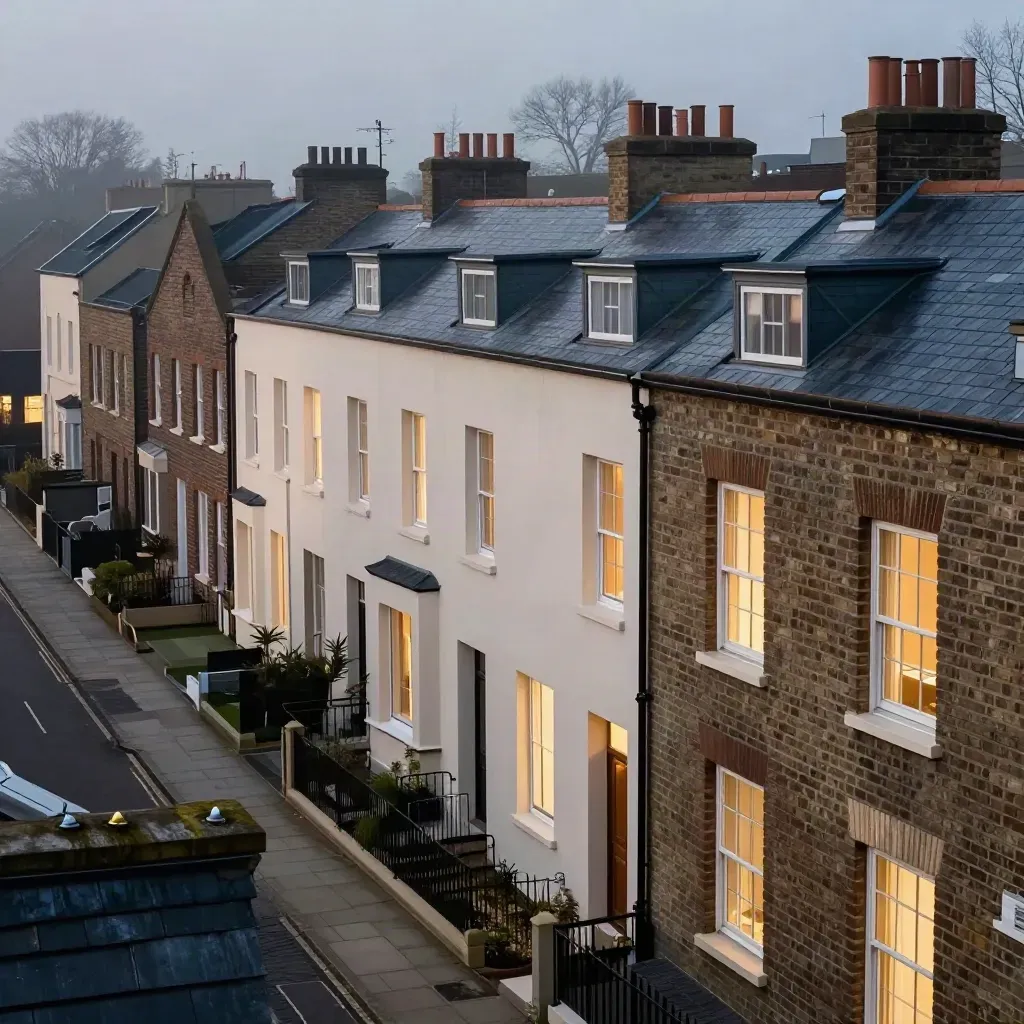 Blue-hour row of lit residential facades with mist over an empty street