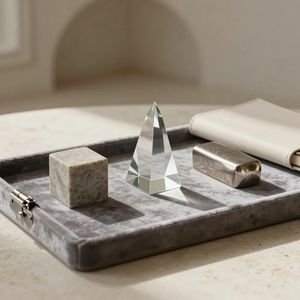 Three luxury asset markers on a velvet tray in a private wealth still life.
