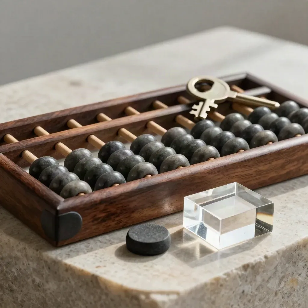 Dark wood abacus, slate token and acrylic block on stone in dramatic finance still life.