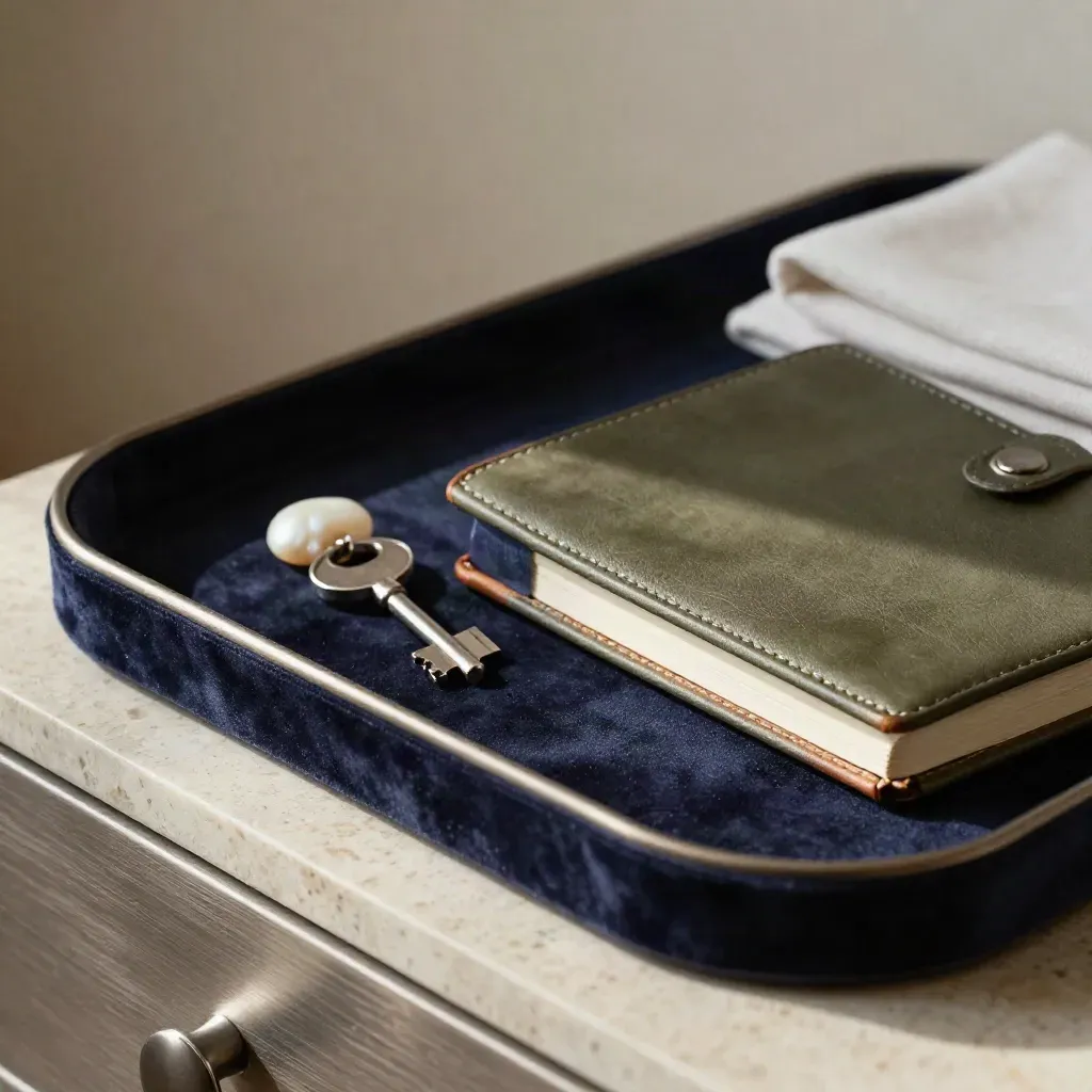 Velvet tray with silver key, pearl stone and calfskin notebook in soft directional light.