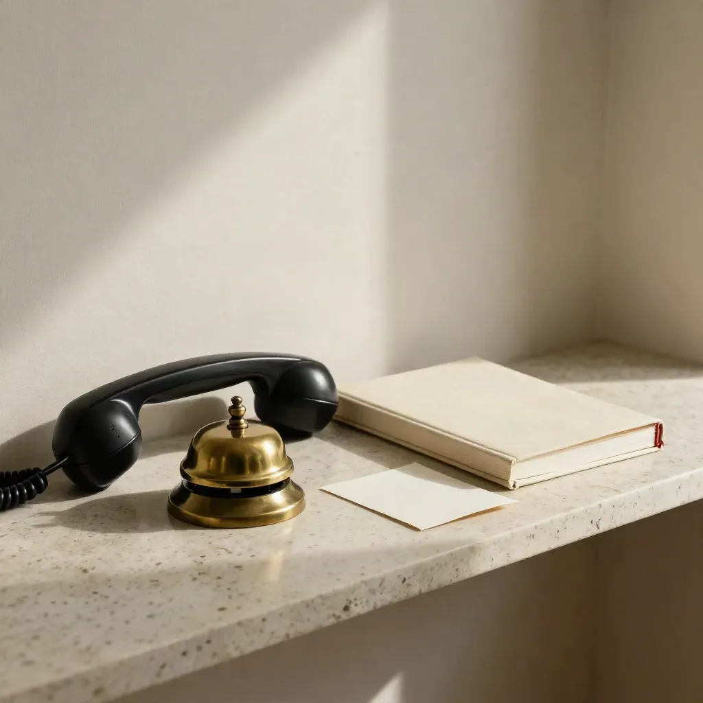 Black handset, brass bell, closed book and folded linen card on travertine shelf.