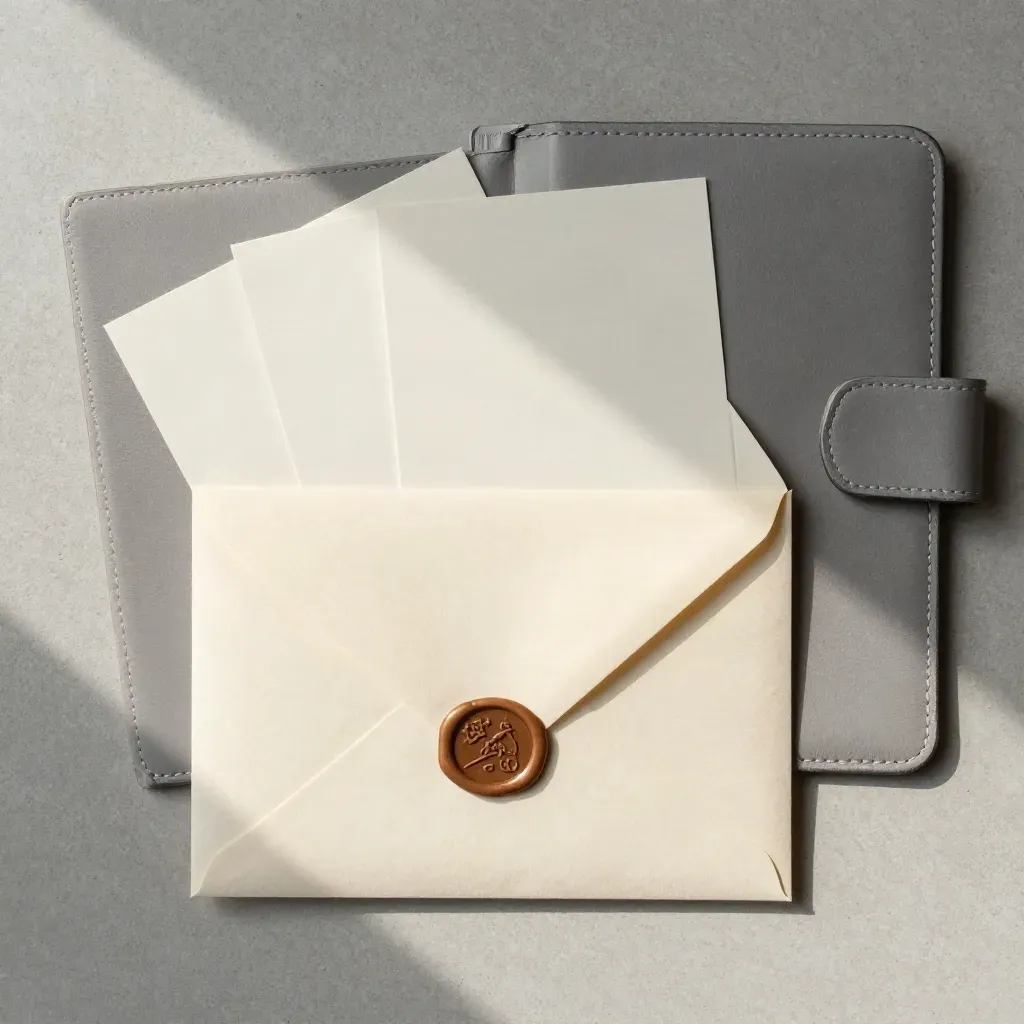 Overhead cream envelope, fan of blank swatches, and leather folder on pale concrete in soft daylight