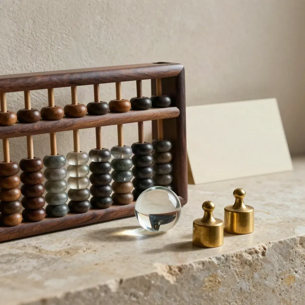 Abacus with glass paperweight and brass weights on limestone ledge.