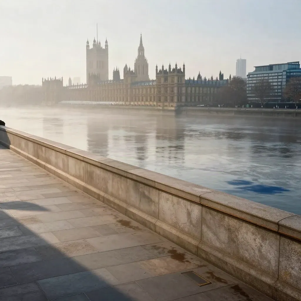 Misty dawn over Westminster and the Thames with Parliament high above a calm river terrace.