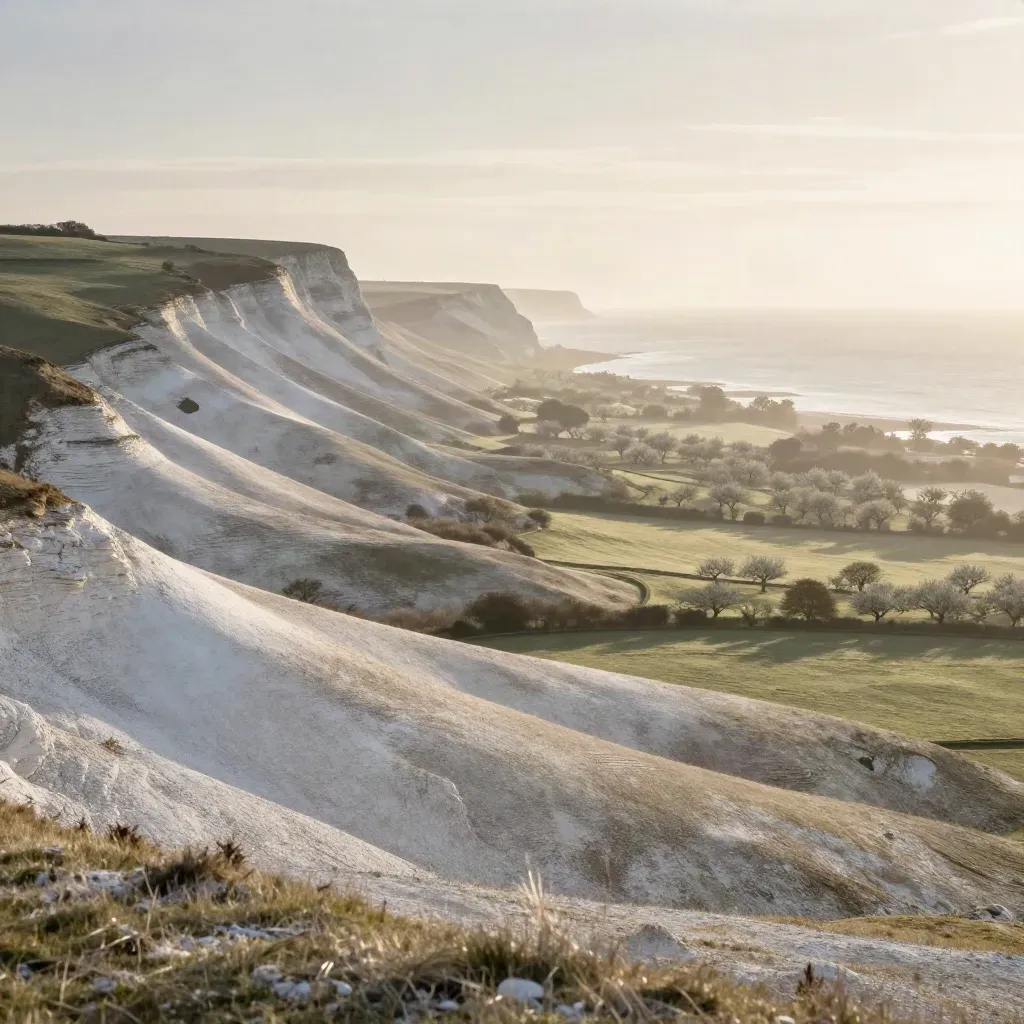 Chalk downs and pale cliffs above misty orchard fields on the South East coast.