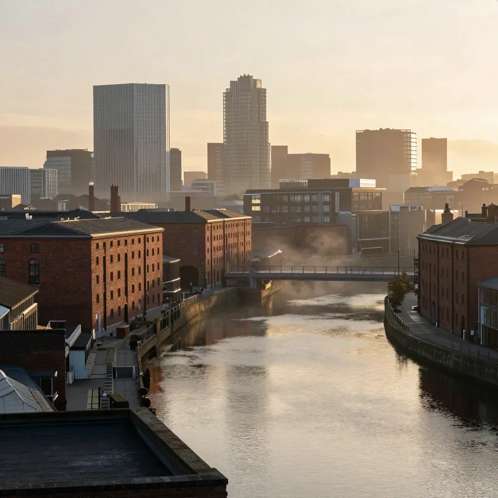 Birmingham skyline and canal warehouses in amber dusk haze, high above calm misty foreground.