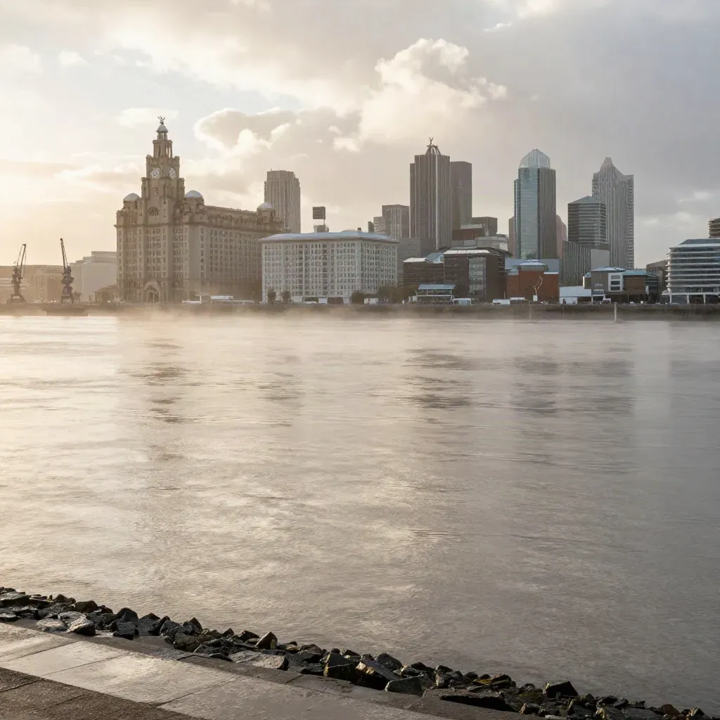 Liverpool skyline above the Mersey at rainy evening, calm water below for copy space