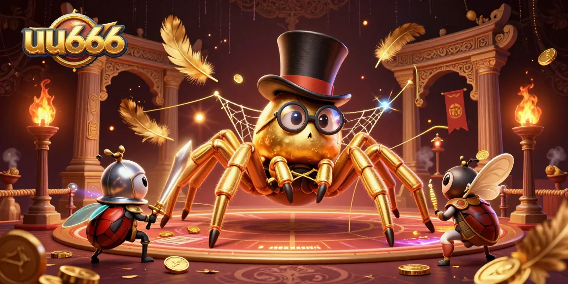 Engage in thrilling games at uu666, where a giant tarantula weaves fortune in a vibrant casino atmosphere.