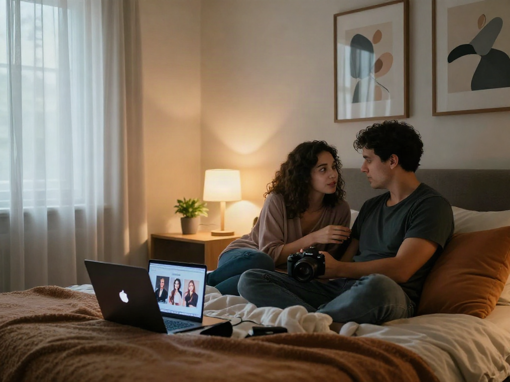 Engaged couple exploring sex AI in a cozy bedroom setting, showcasing warmth and intimacy.