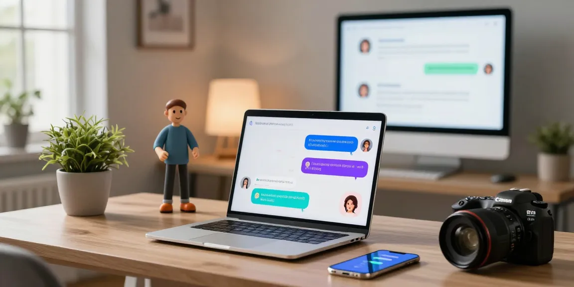 Dynamic interaction with an engaging spicy chat AI avatar on a laptop, showcasing colorful dialogues in a cozy digital workspace.