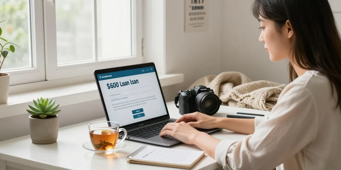 Woman applying for a $600 loan online in her cozy home office, focused and comfortable.