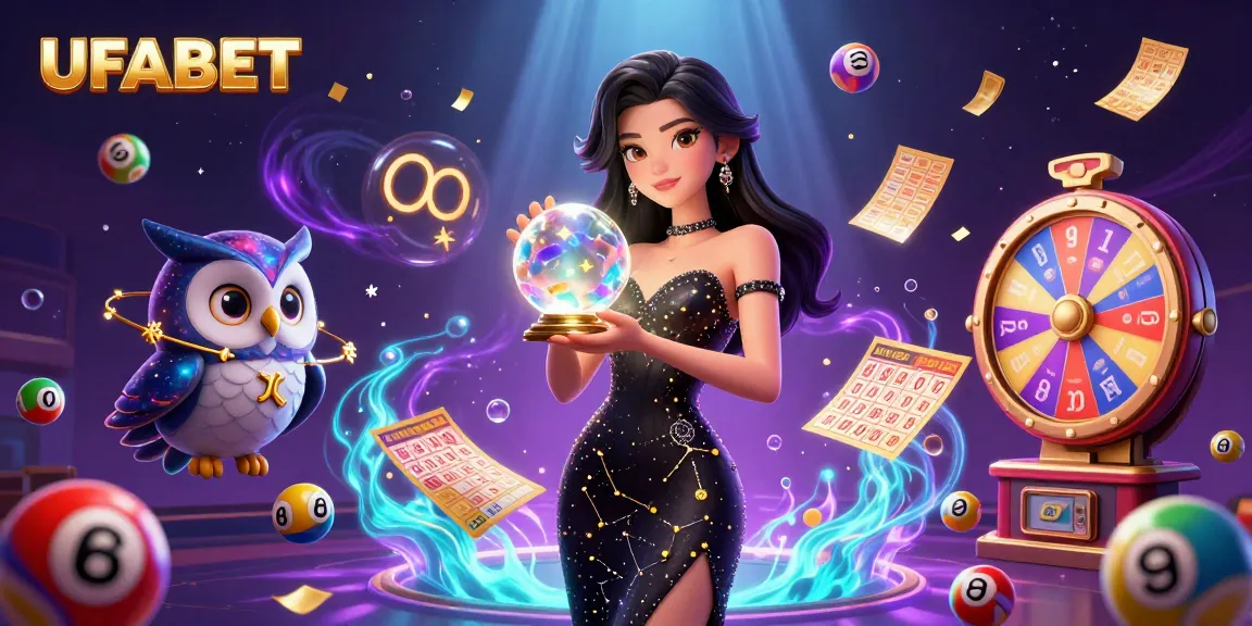 Bet on UFABET with colorful lottery balls, stunning woman in a magical casino scene.