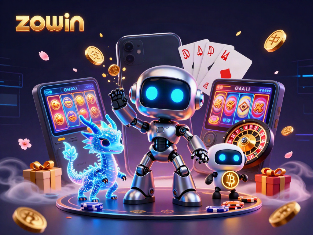 Zowin robot mascot engaging in a dynamic online gaming scene with vibrant casino elements.