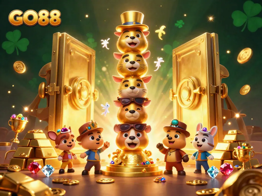Experience the thrill of GO88 with a lively 3D totem and treasure-filled casino scene.