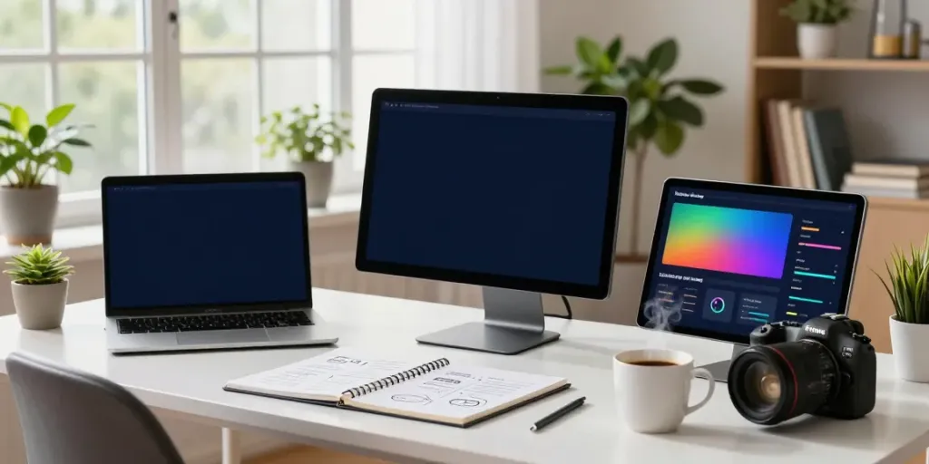 Digital marketer analyzing instant indexing performance on multiple screens in a modern workspace.