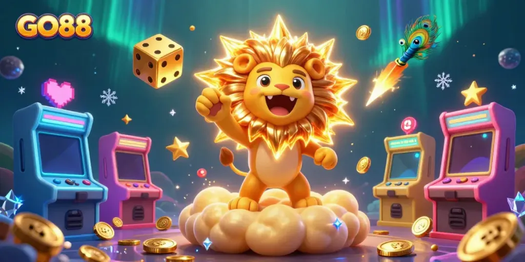 Experience GO88's vibrant gaming world as the sun lion roars triumphantly amidst dynamic casino elements.