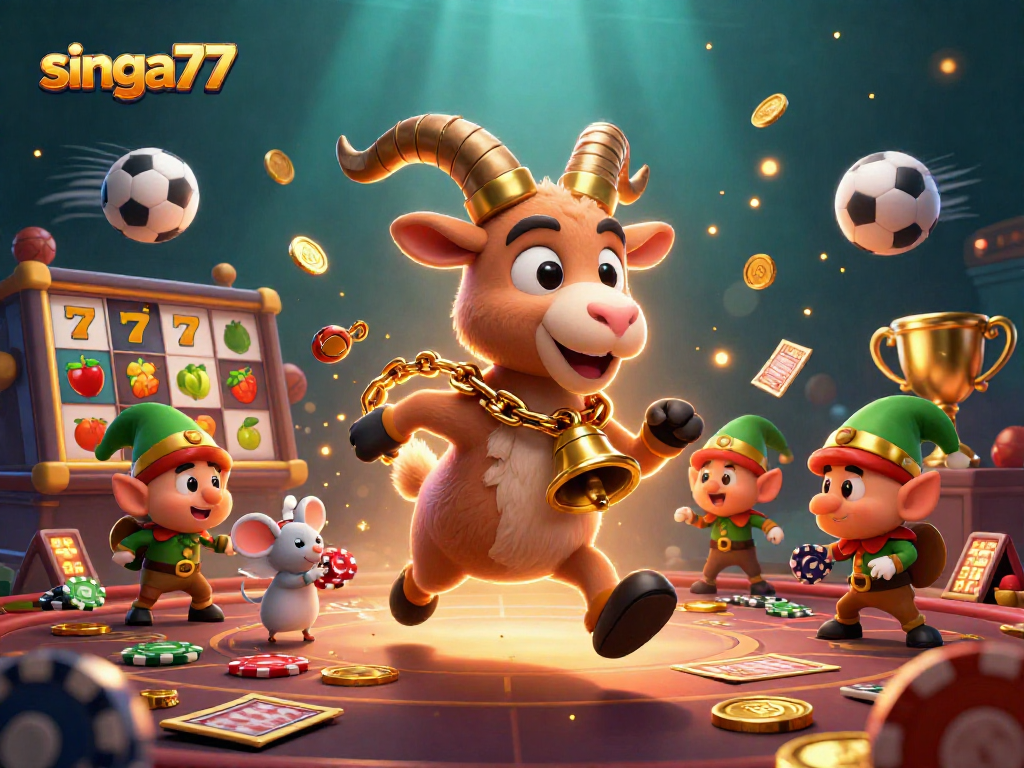 Singa77 captivates players with a festive casino scene featuring a Krampus goat amid poker chips and slot reels.