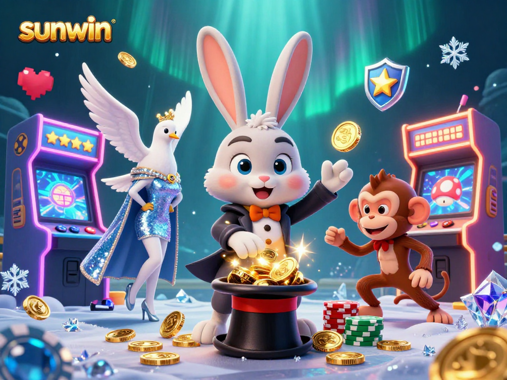 Experience sunwin magic with a 3D cartoon scene of winning poker chips and golden coins in a casino.