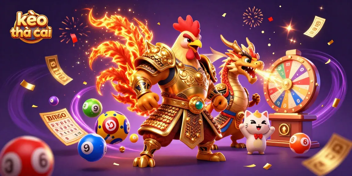 Engage with kèo nhà cái by exploring an exciting dynamic illustration of a rooster warrior, dragon hatchling, and luck cat in a vibrant gambling scene.