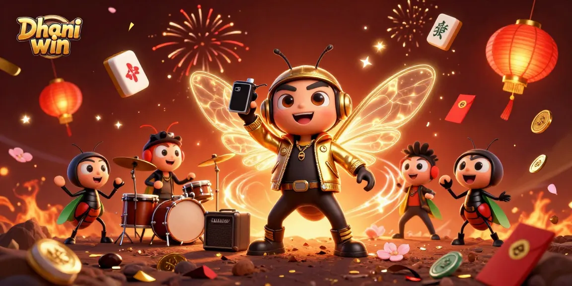 Dhani win platform features a dynamic scene with a cicada rock star and vibrant game elements