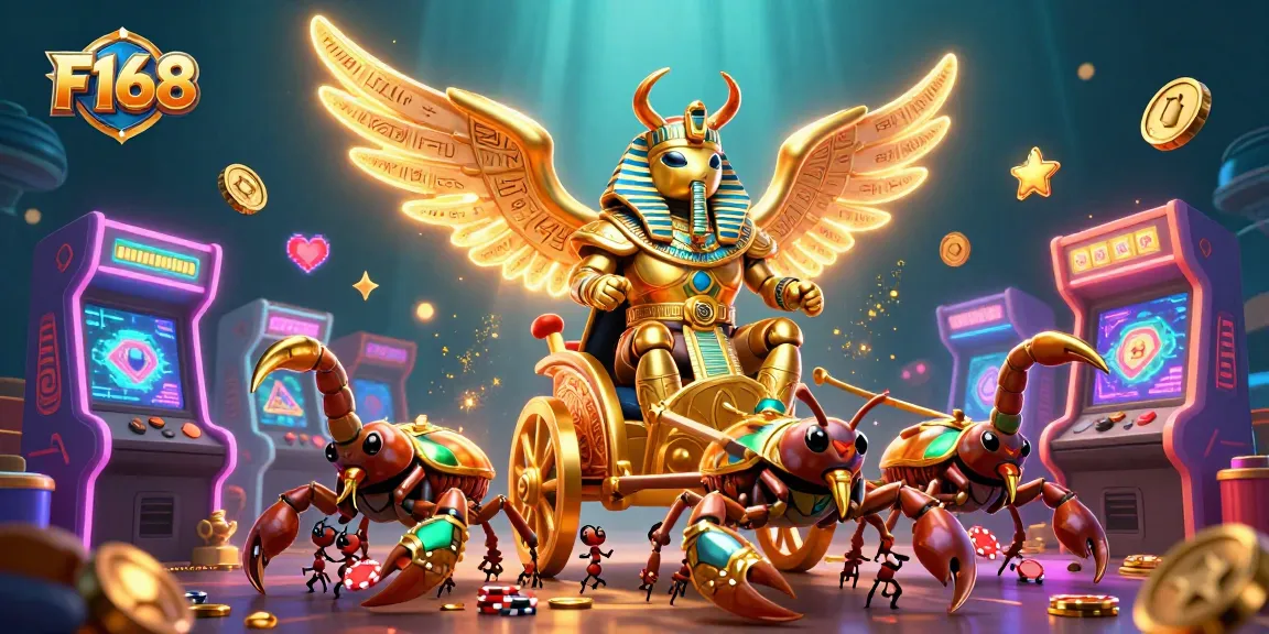 Engage with F168's thrilling gaming world featuring a golden scarab beetle and scorpions amidst vibrant casino elements.