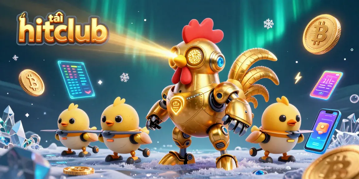 Play and win big with tải hitclub, featuring a golden rooster robot surrounded by exciting crypto elements.