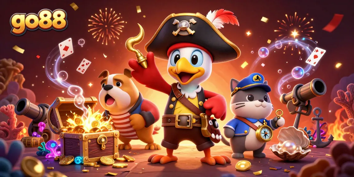 Play exciting games at go88, featuring a lively pirate scene filled with treasures and vibrant casino elements.
